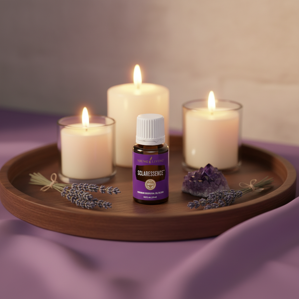 Sclaressence 15ml feminine vanity scene with candles amethyst crystals and purple silk