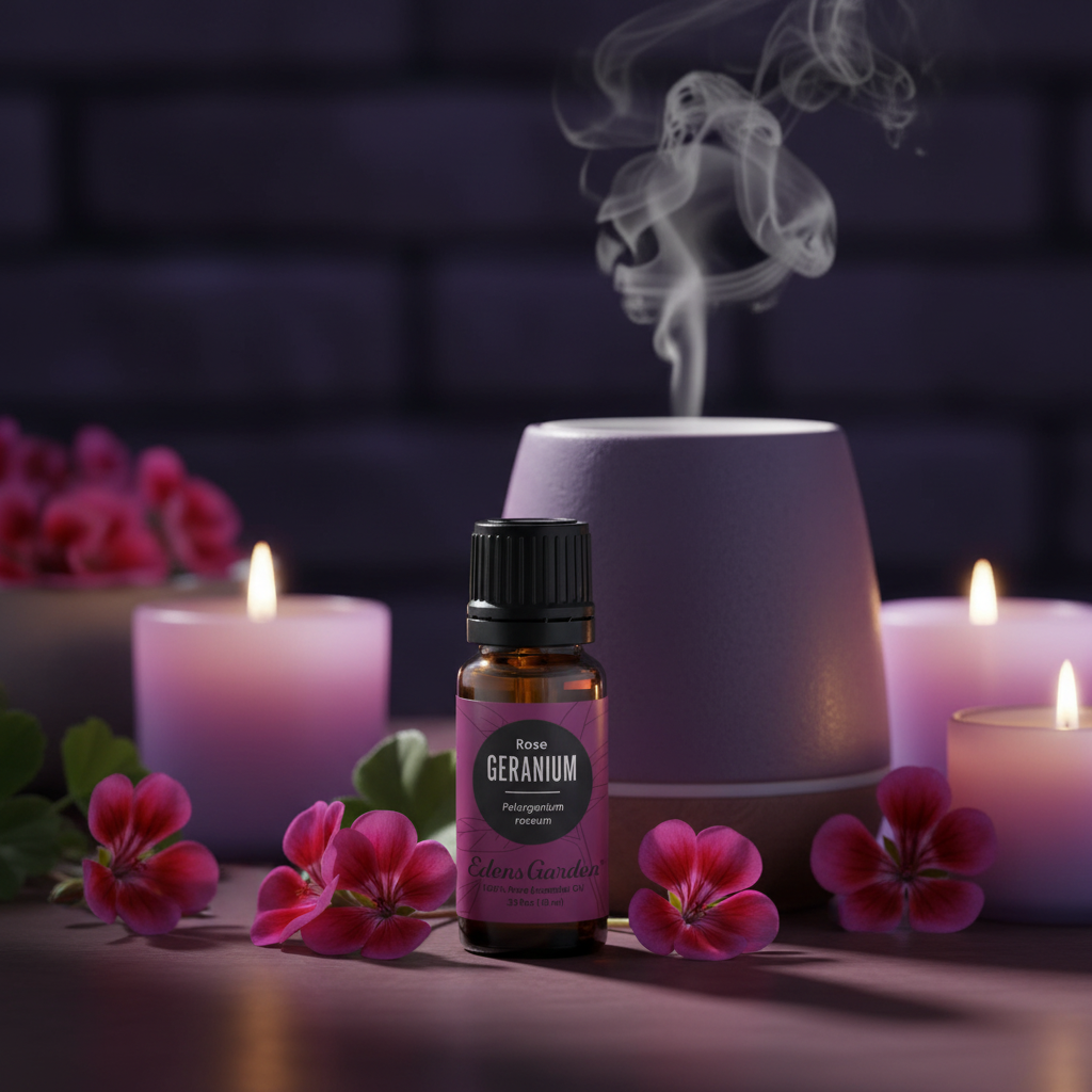 Edens Garden Rose Geranium Essential Oil with diffuser mist and candlelight