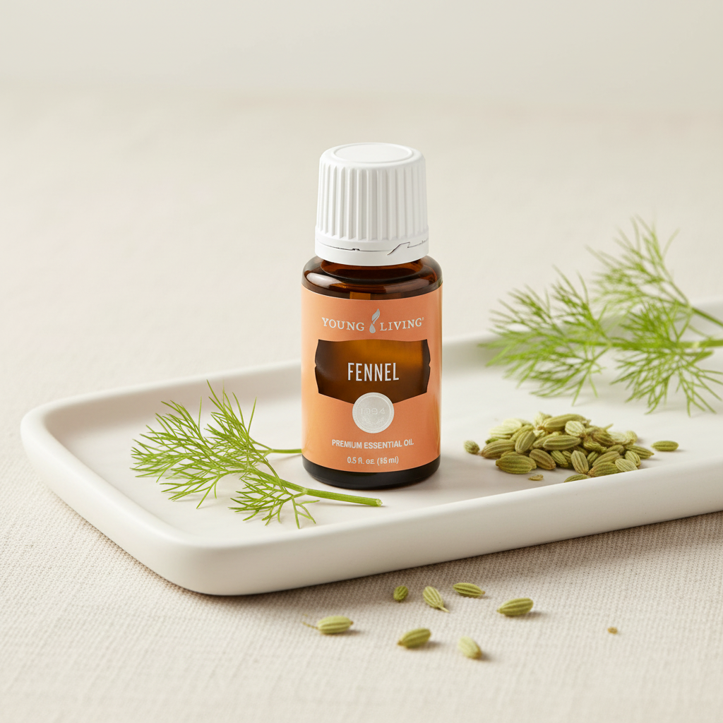 Fennel essential oil bottle with fresh fennel fronds and seeds on spa surface