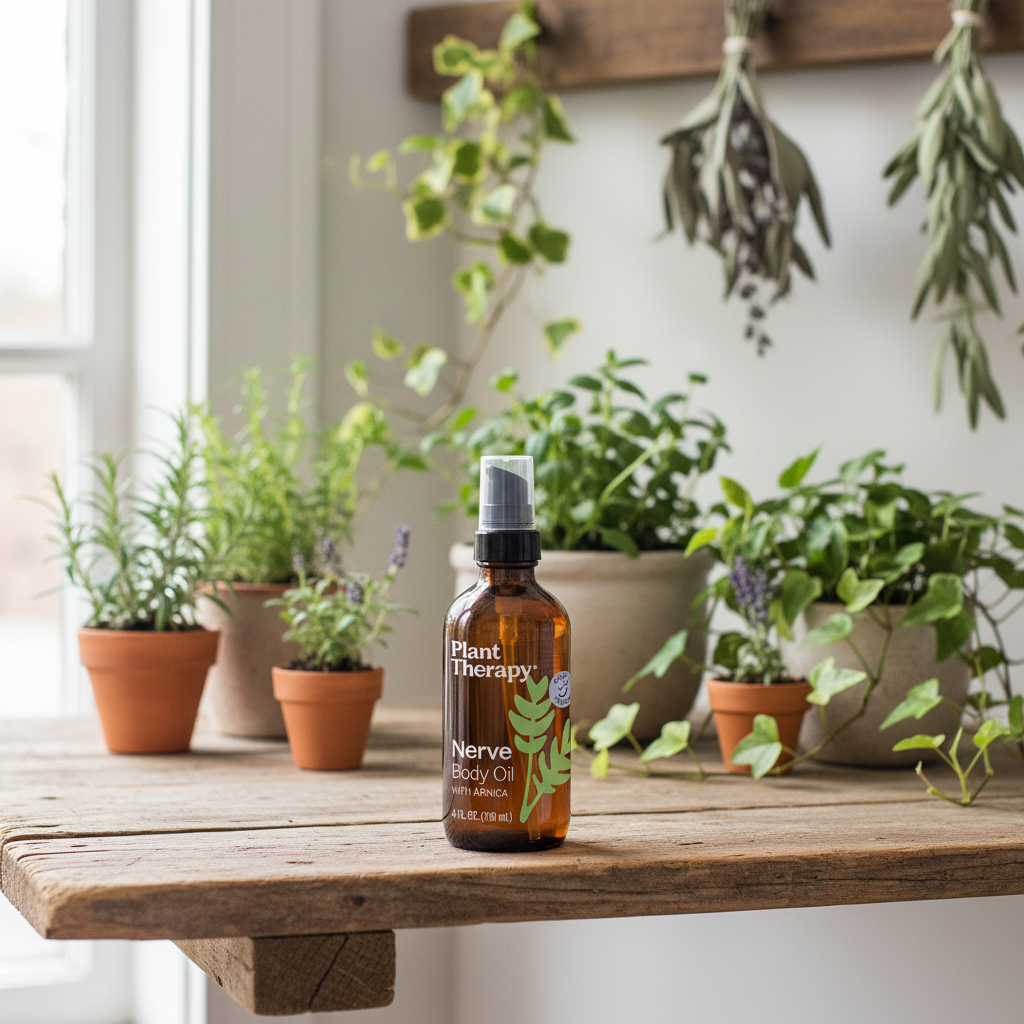 Plant Therapy Nerve Body Oil on wooden shelf with botanical plants