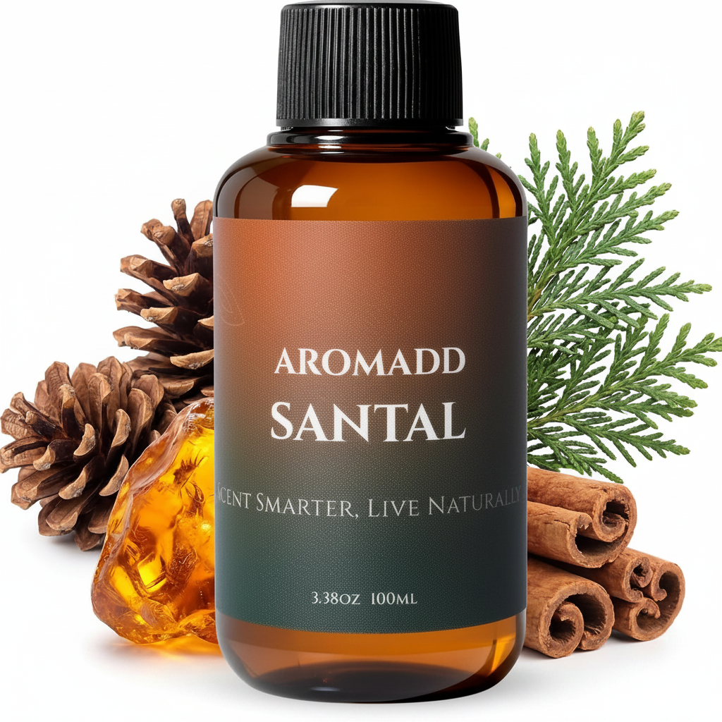 Close-up label detail of Aromadd Santal bottle