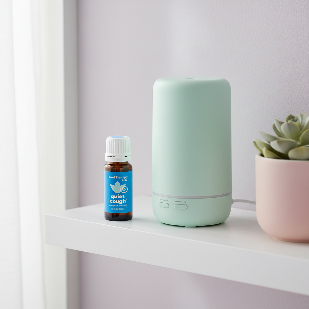 Kids essential oil blend on shelf with diffuser