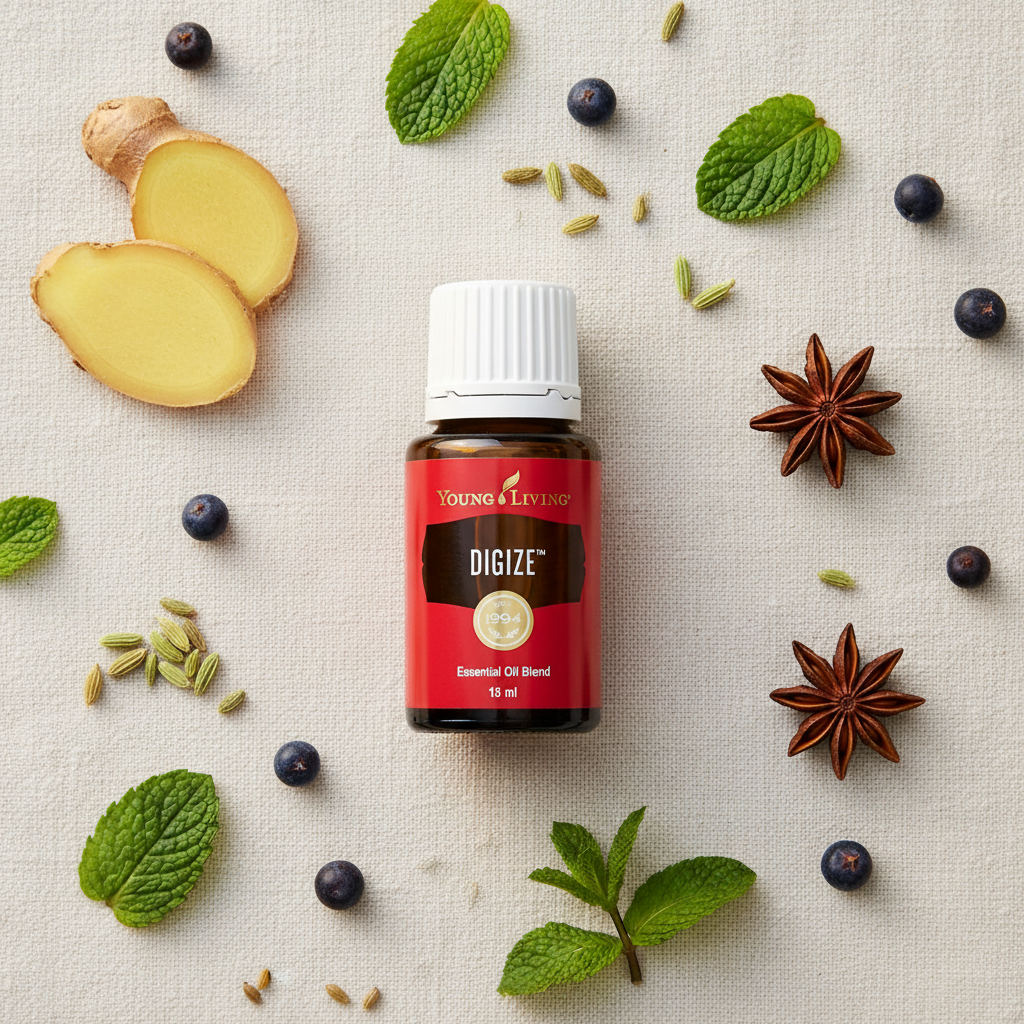 DiGize essential oil flat lay on white linen with ginger, peppermint, fennel, anise and juniper