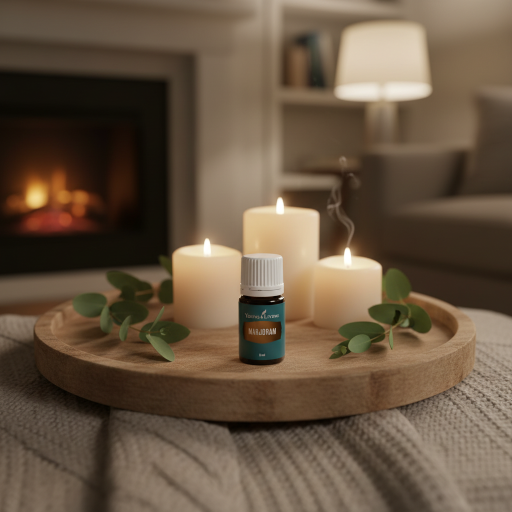 Marjoram bottle on wooden tray with candles and eucalyptus