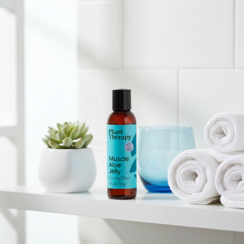 Plant Therapy Muscle Aloe Jelly on bathroom shelf with succulent and towels