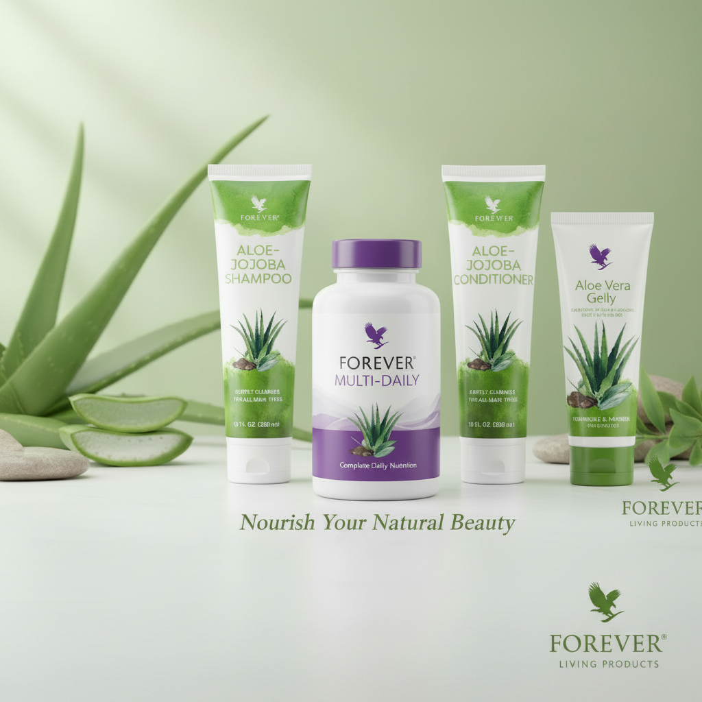 Forever Living natural beauty collection on sage green botanical background
