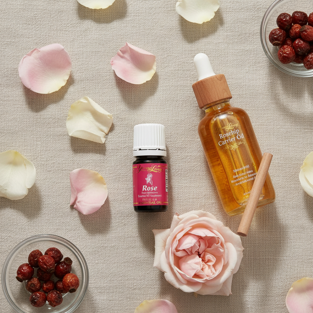 Young Living Rose Essential Oil botanical flat lay with rose petals and rosehip oil on linen