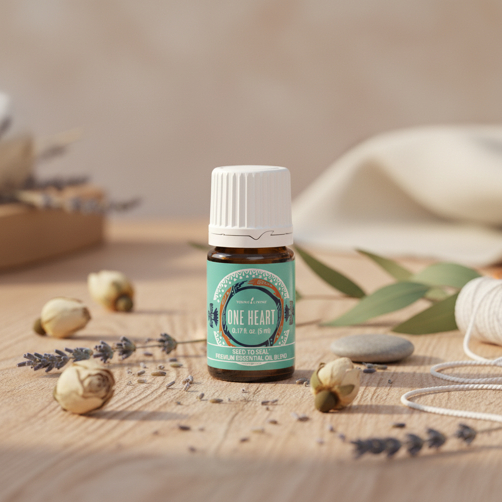 One Heart essential oil bottle on natural wood surface with botanical elements