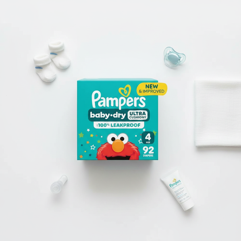Pampers Baby Dry Size 4 flat lay with baby essentials