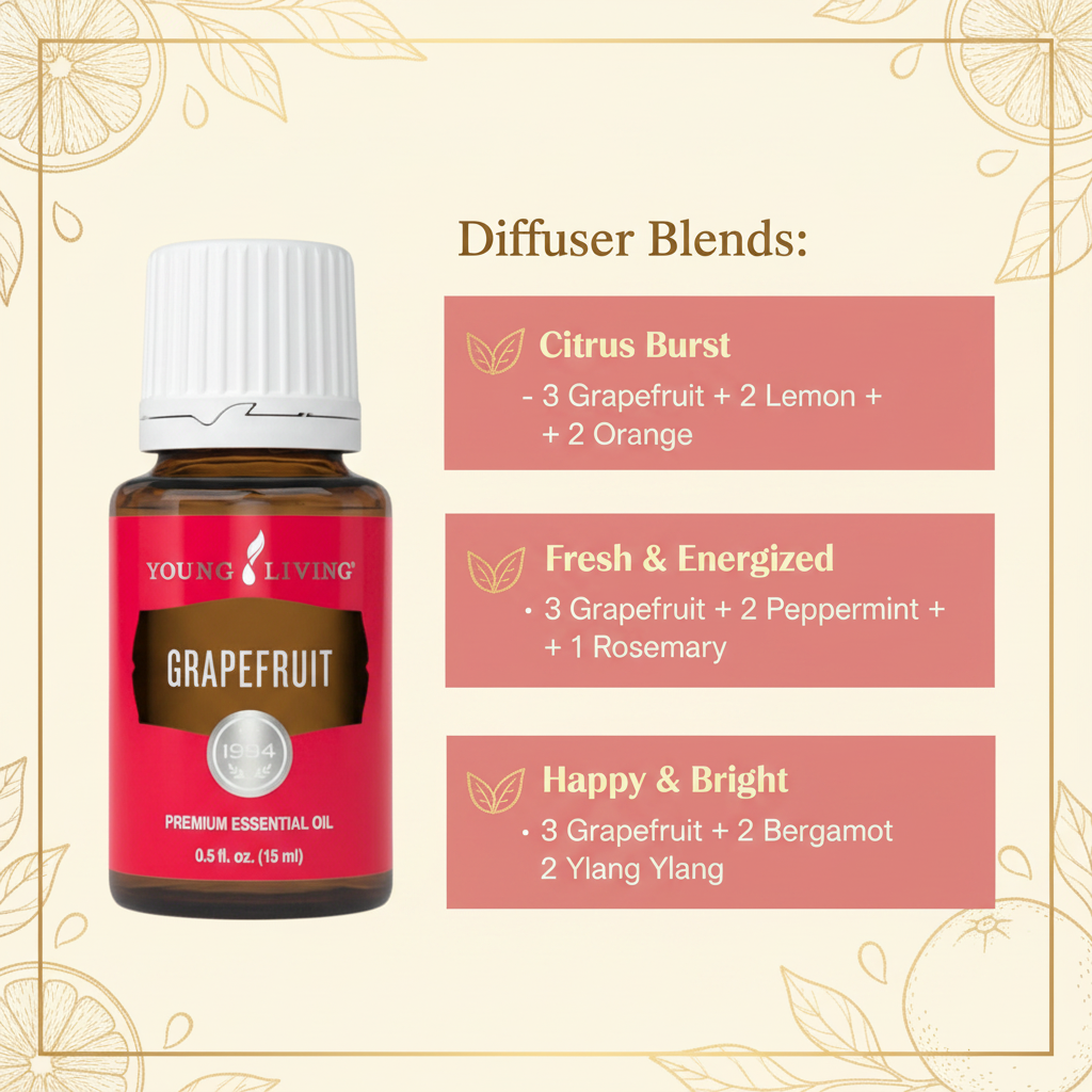 Grapefruit diffuser blends infographic - Citrus Burst, Fresh and Energized, Happy and Bright