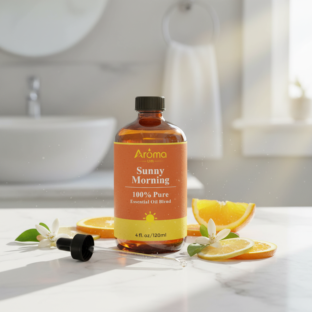 Sunny Morning bottle on marble with citrus slices and orange blossoms