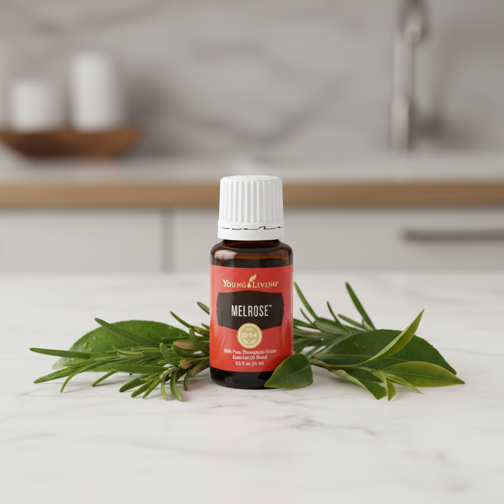 Melrose essential oil on marble with rosemary sprigs and tea tree leaves