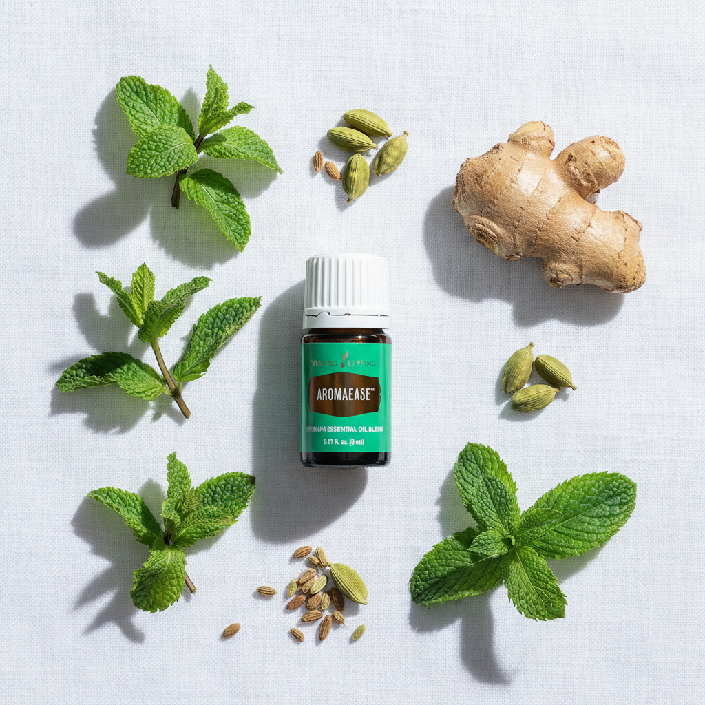 AromaEase essential oil flat lay on white linen with peppermint, fennel, cardamom and ginger