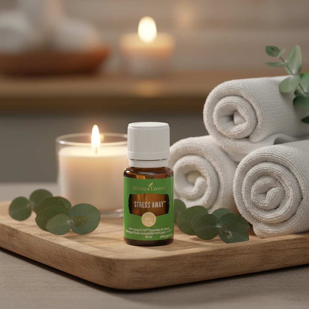 Stress Away essential oil on wooden spa tray with towels and eucalyptus