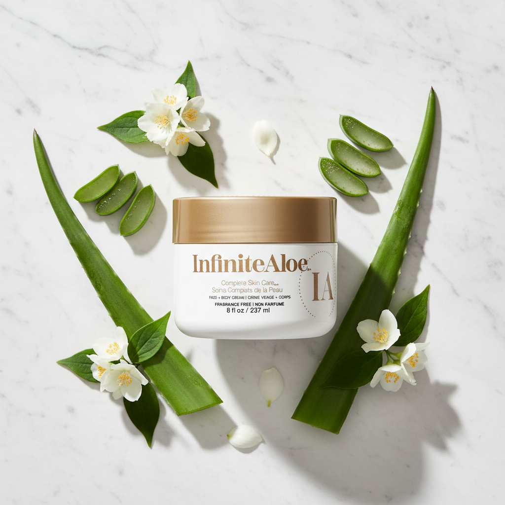 InfiniteAloe Complete Skin Care marble flat lay with aloe leaves and white flowers