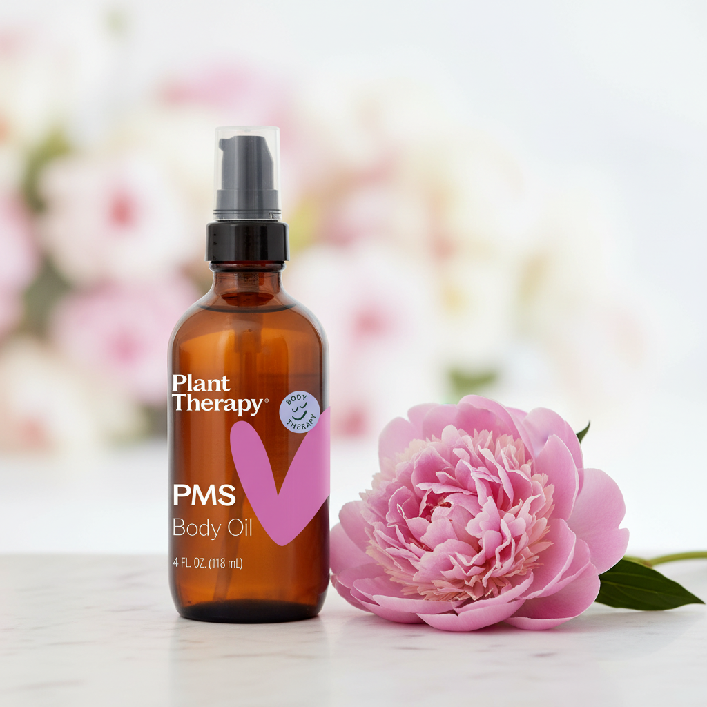Plant Therapy PMS Body Oil close-up on white marble with pink peony