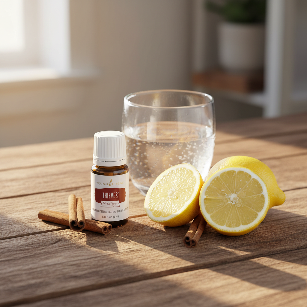 Thieves Vitality essential oil on rustic wood with glass of water, lemon and cinnamon in morning light