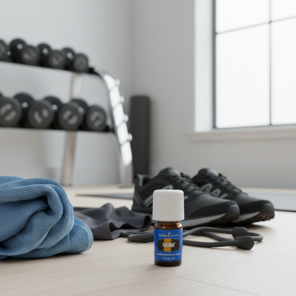 PanAway essential oil next to athletic gear post-workout