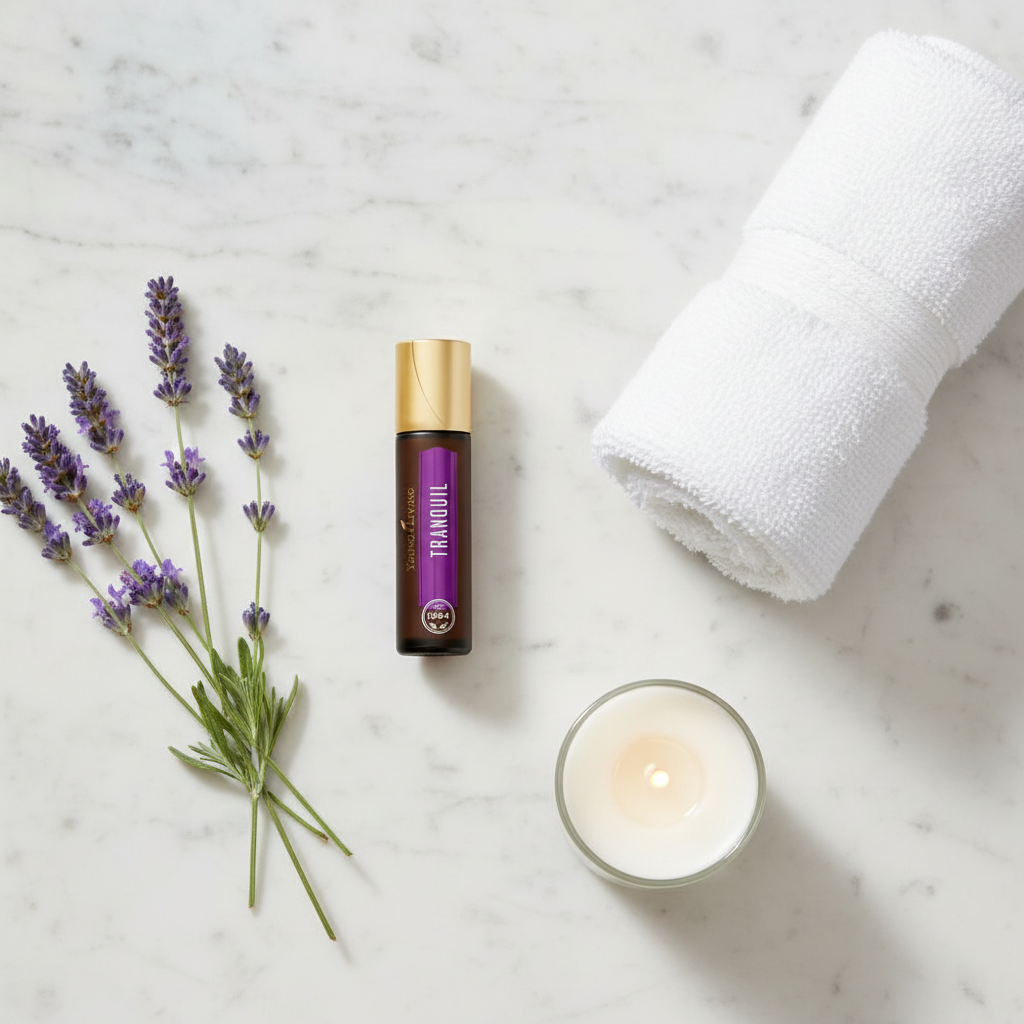 Spa flat lay with Young Living Tranquil Roll-On