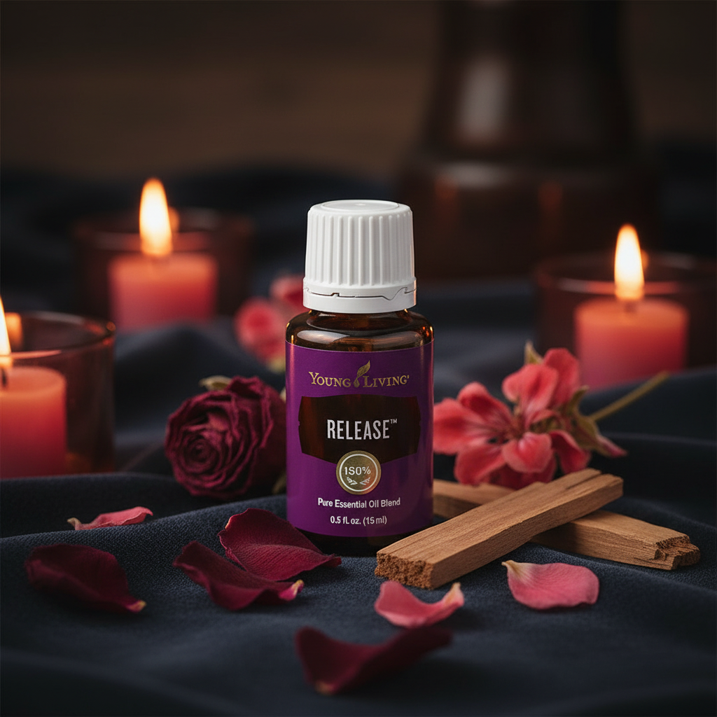 Release essential oil on dark velvet with rose petals and candlelight