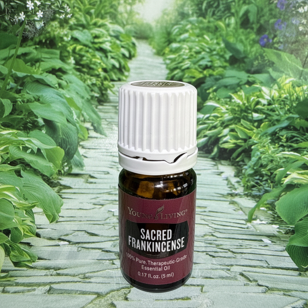 Sacred Frankincense oil on lush green botanical garden path