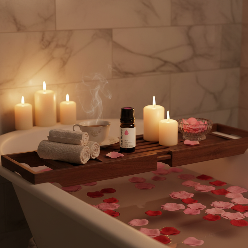 Plant Therapy Rose Pure Absolute on bath tray over rose petal bath with candles