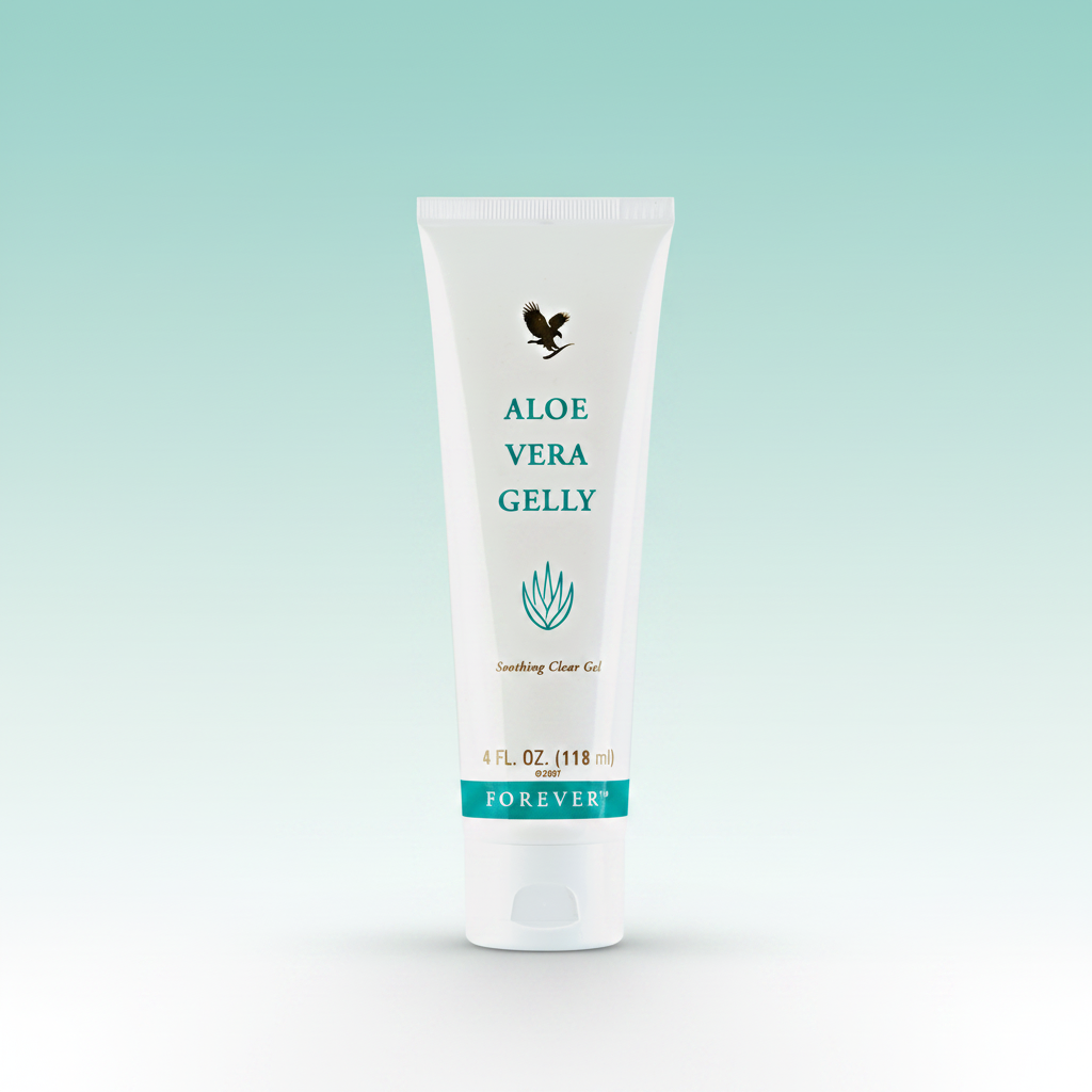 Forever Aloe Vera Gelly on pastel teal and white background