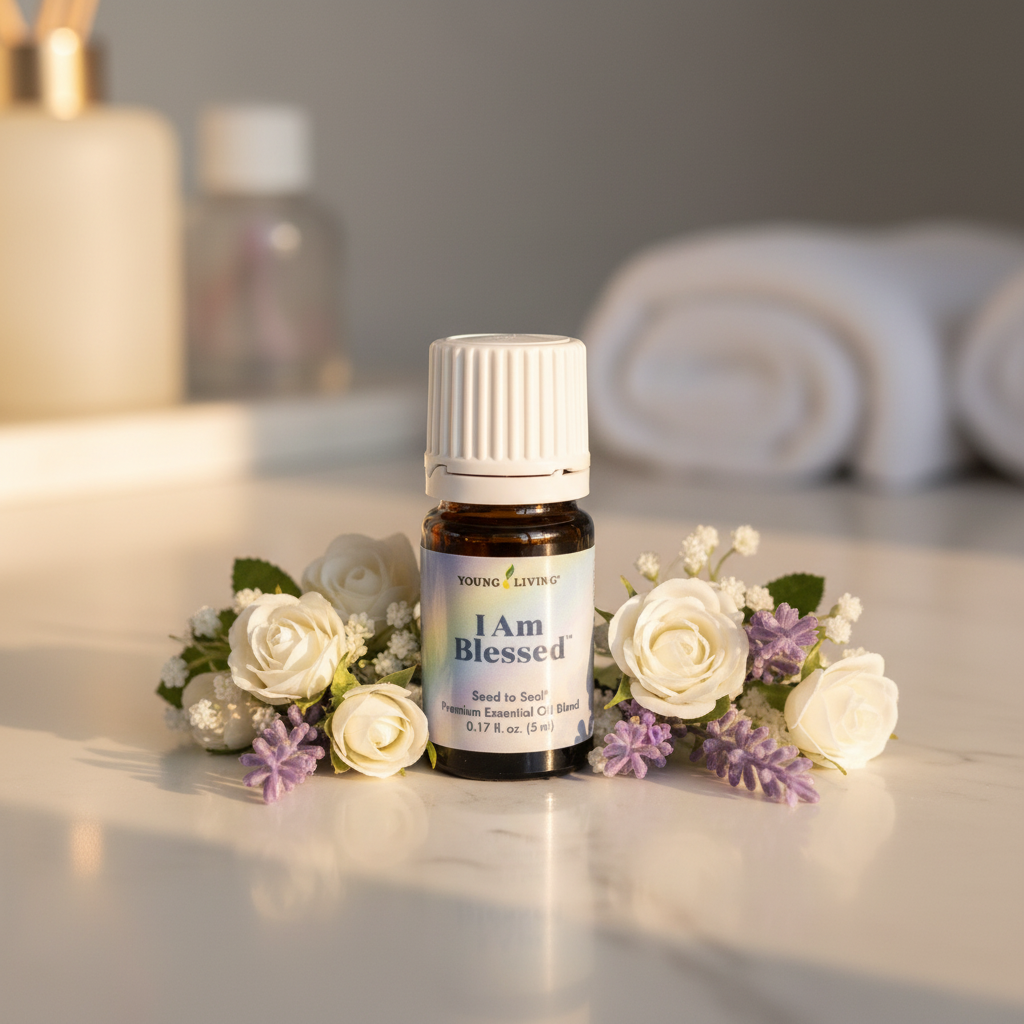 I Am Blessed essential oil on marble with lavender flowers