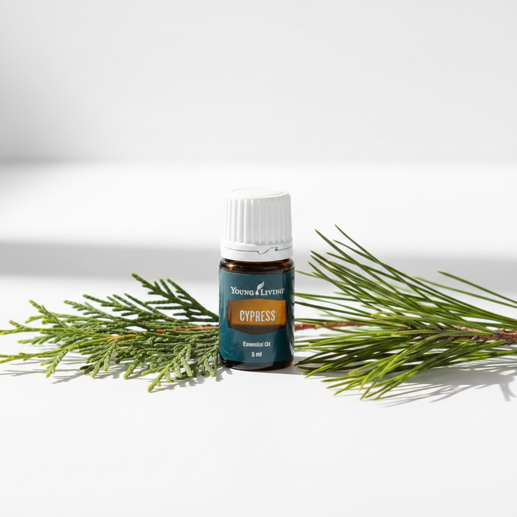 Cypress oil on white surface with fresh cypress branches