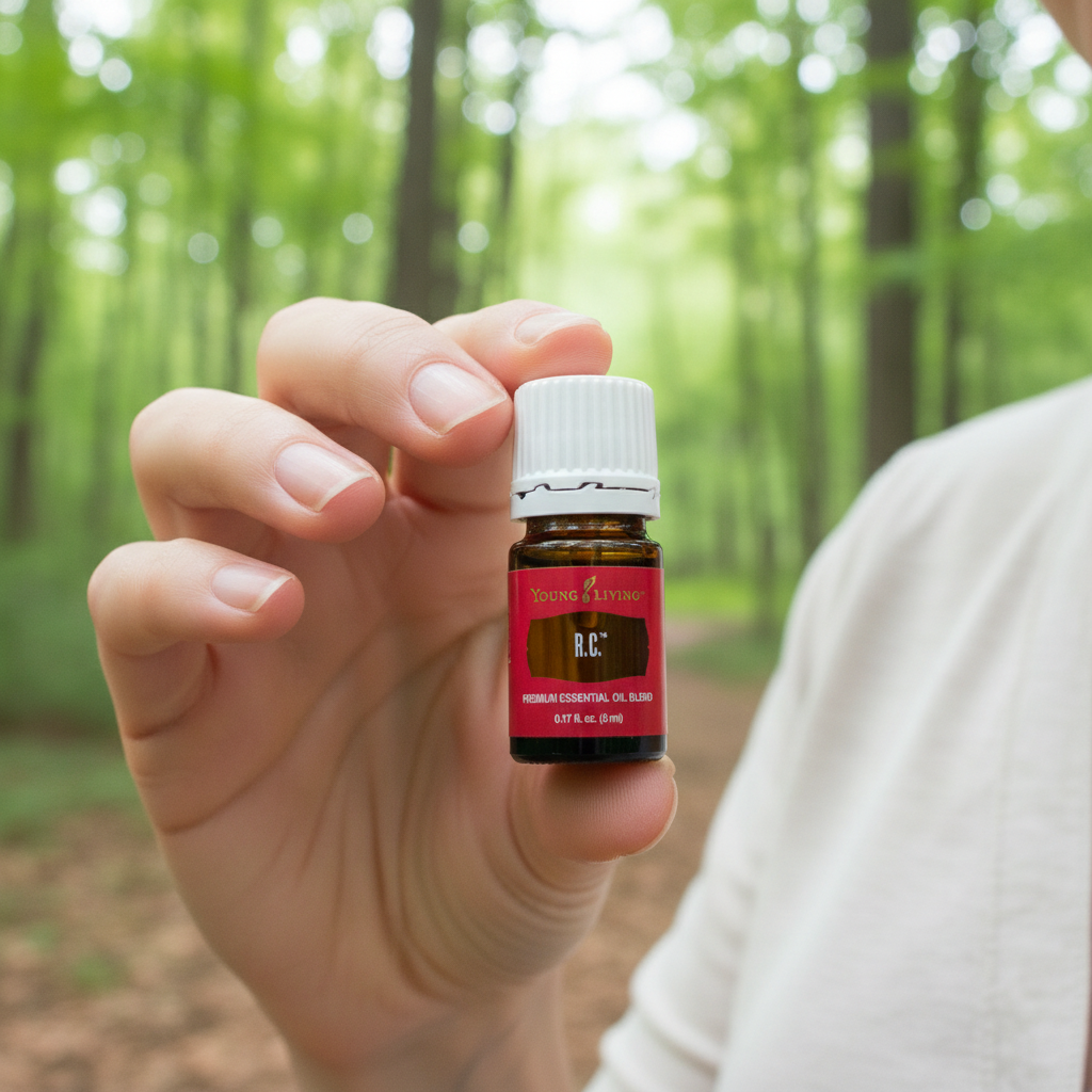 R.C. essential oil held outdoors in fresh air setting