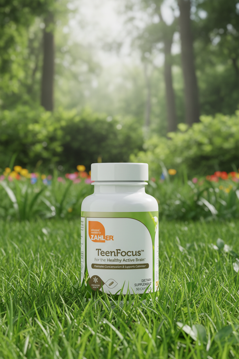 Zahler TeenFocus bottle outdoors on fresh green grass with natural sunlight and lush nature background