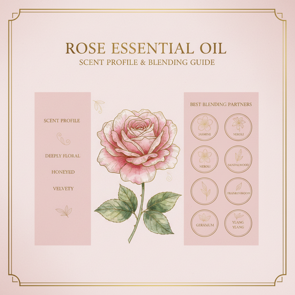 Young Living Rose Essential Oil scent profile and blending guide infographic