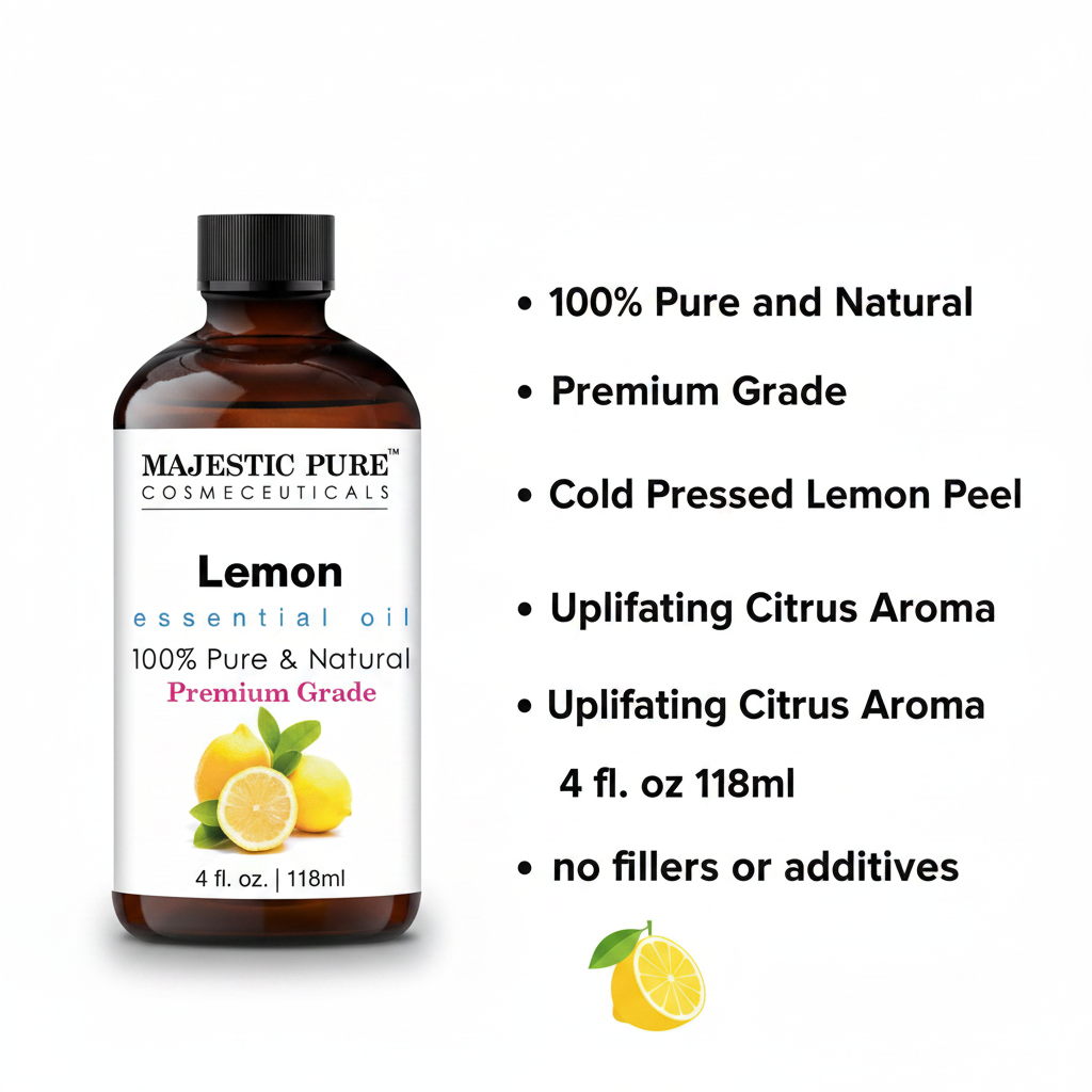 Majestic Pure Lemon Essential Oil – Key Features Infographic