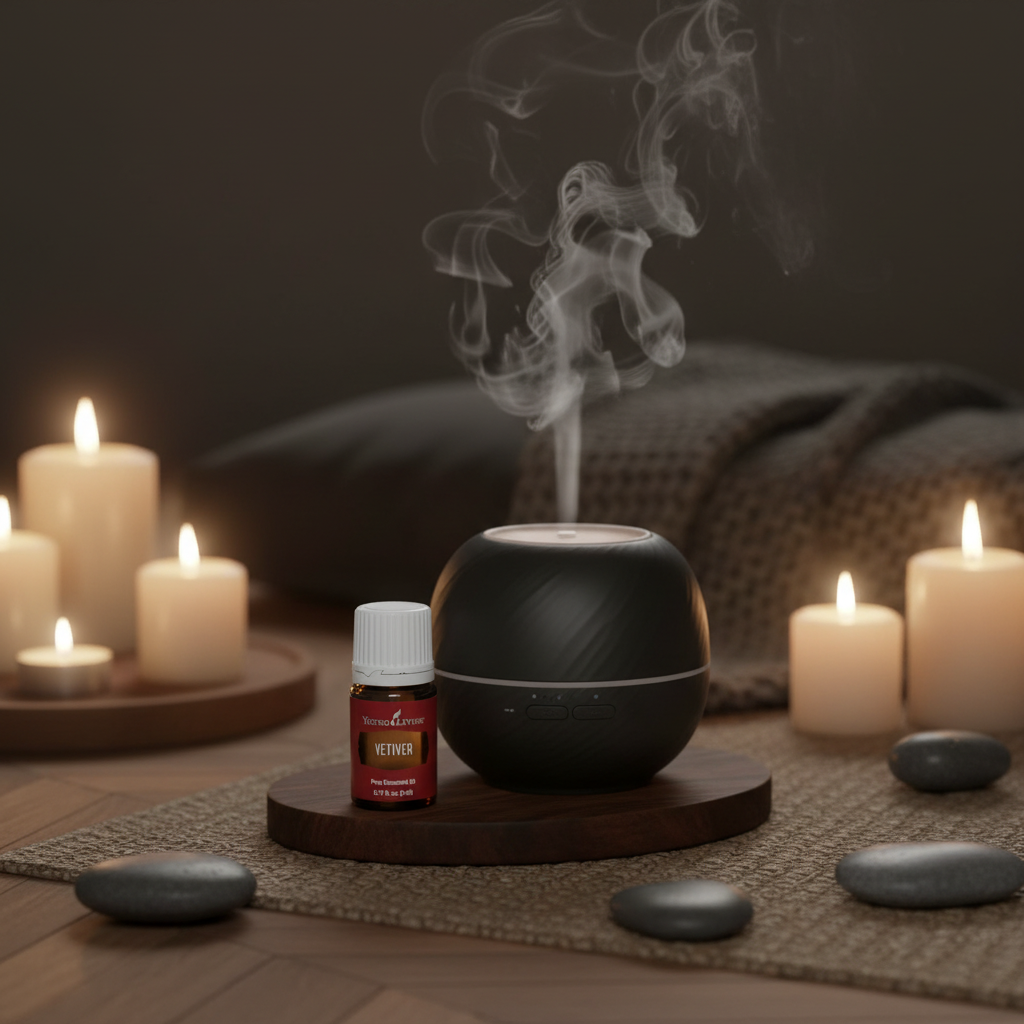Vetiver bottle next to ceramic diffuser with mist in cozy meditation room with candles