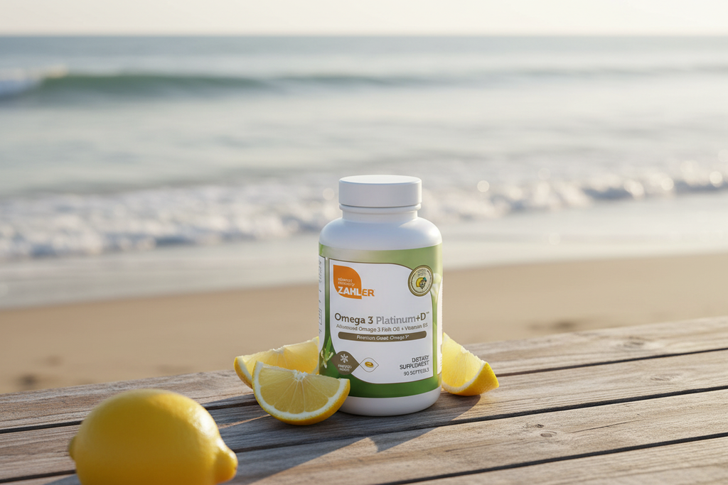 Zahler Omega 3 Platinum+D bottle ocean lifestyle photo with lemon slices