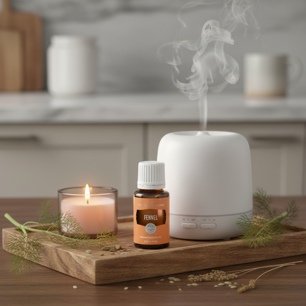 Fennel essential oil next to ceramic diffuser with mist and fennel botanicals