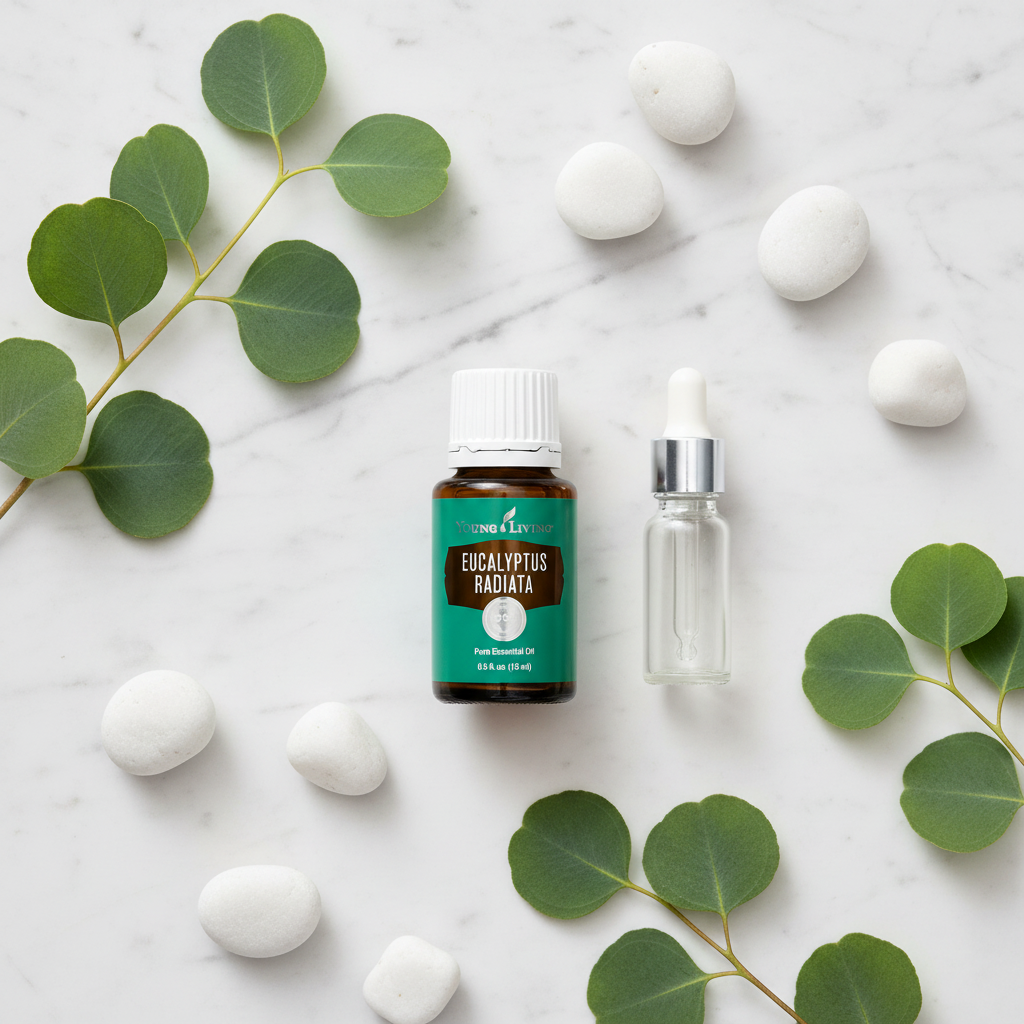 Eucalyptus Radiata bottle on white marble with eucalyptus sprigs, pebbles and dropper bottle