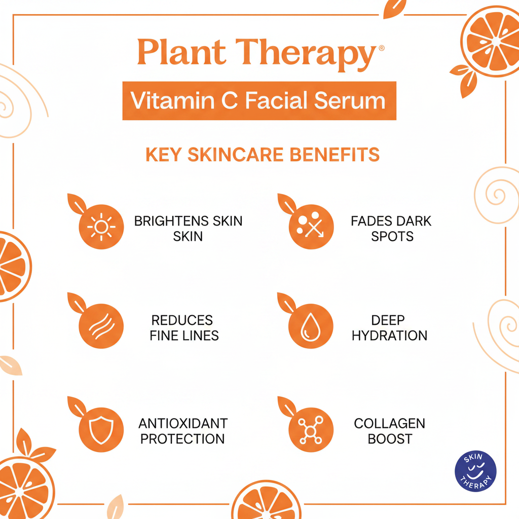 Plant Therapy Vitamin C Serum benefits infographic - brightens, fades dark spots, hydrates