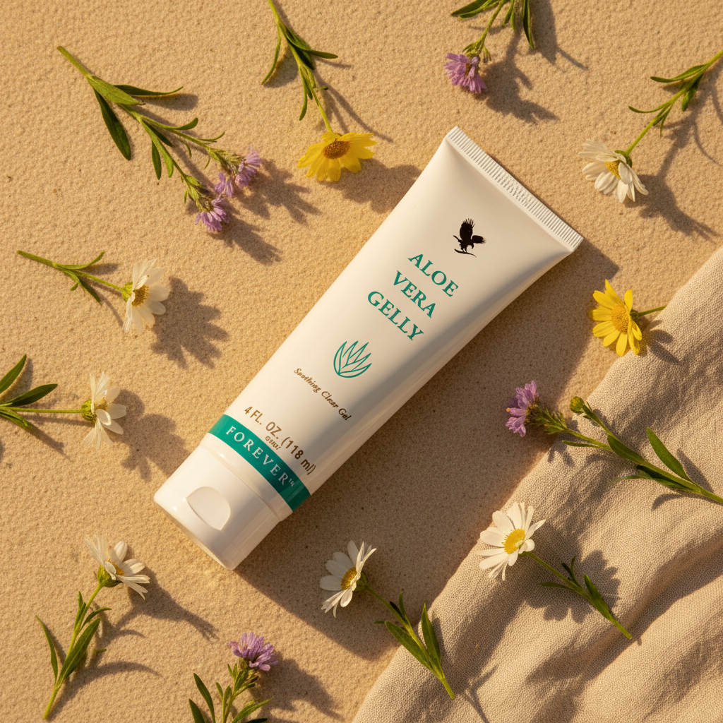 Forever Aloe Vera Gelly on sandy beige with wildflowers