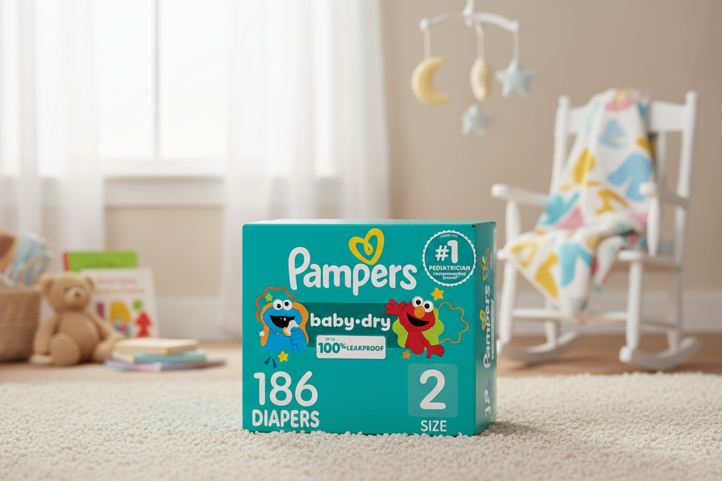 Pampers Baby-Dry Size 2 diapers lifestyle nursery background