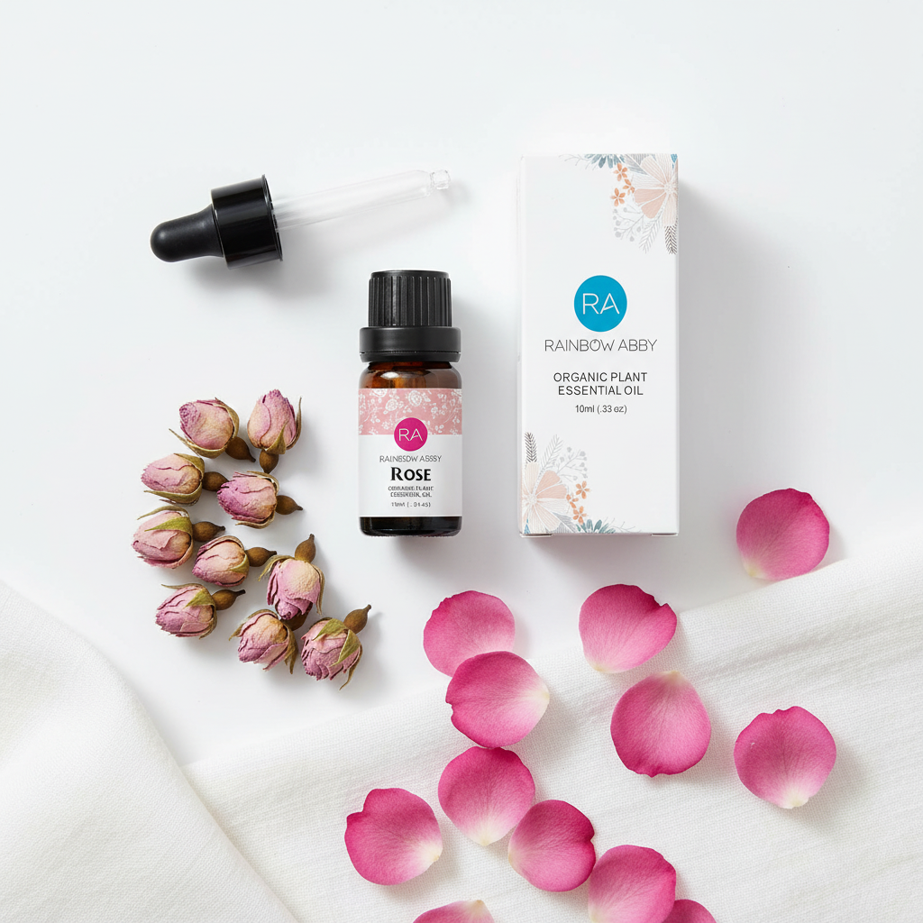 Overhead knolling Rose Essential Oil