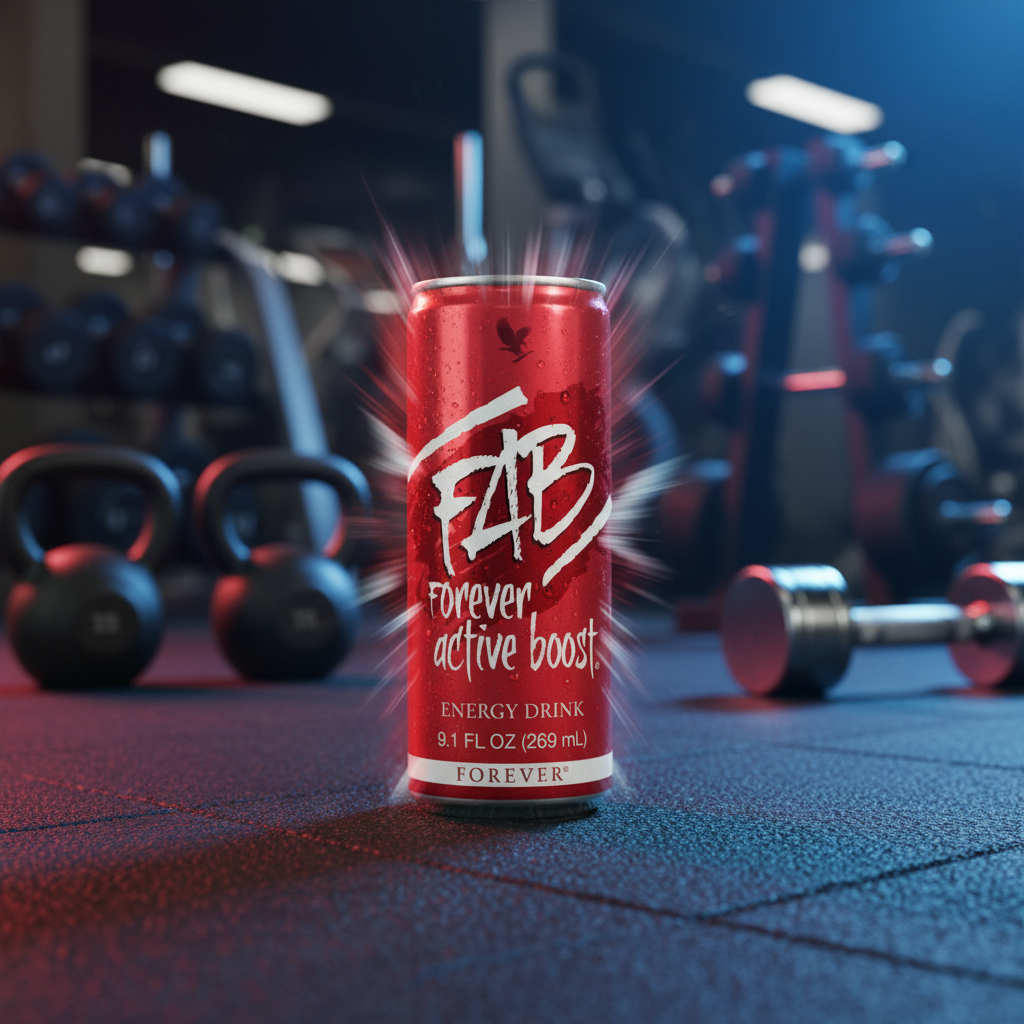 FAB Forever Active Boost can in gym and fitness setting