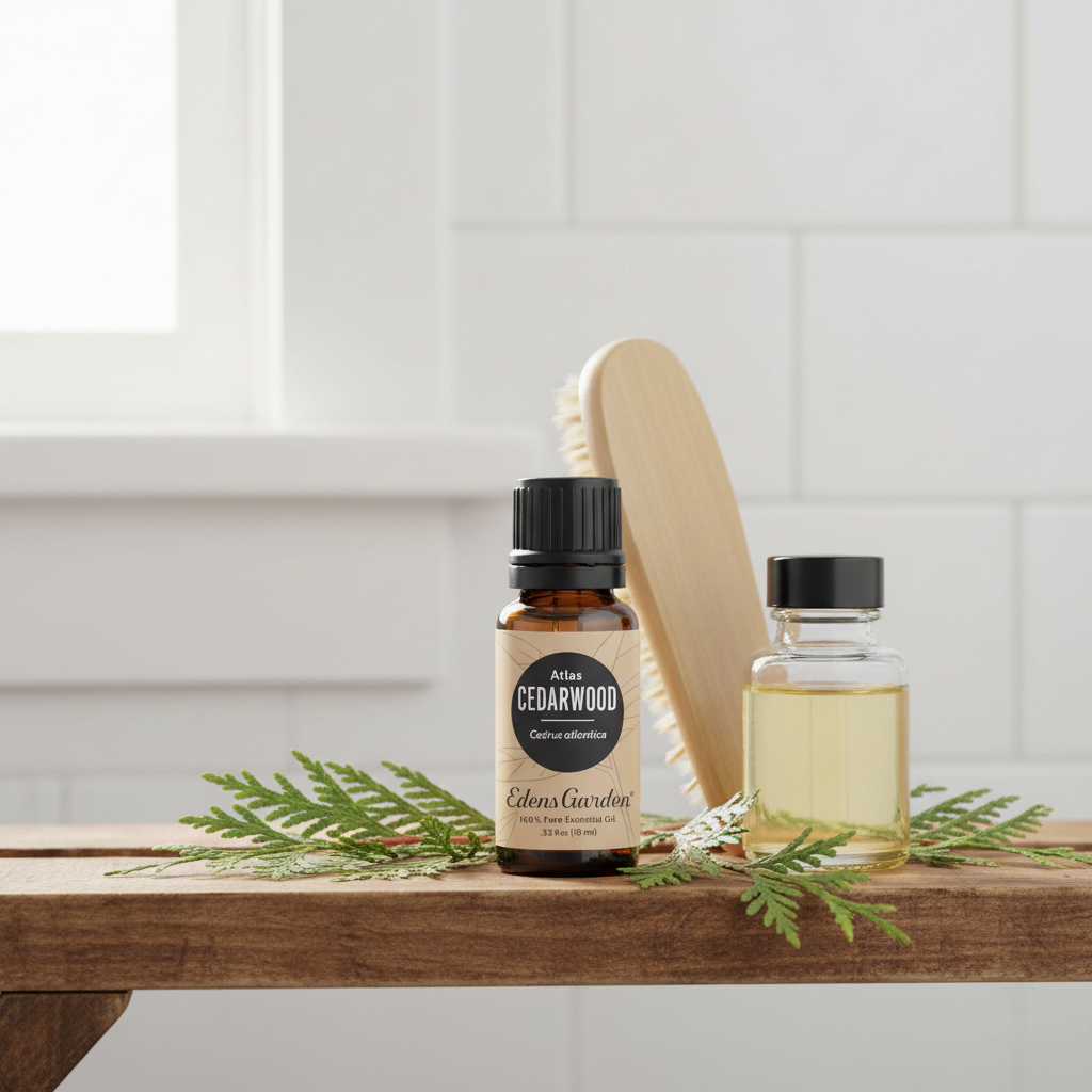 Atlas Cedarwood bottle on bathroom shelf with hairbrush and carrier oil