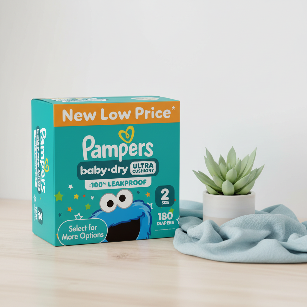 Pampers Baby-Dry Size 2 box on light wood surface with succulent and blue fabric