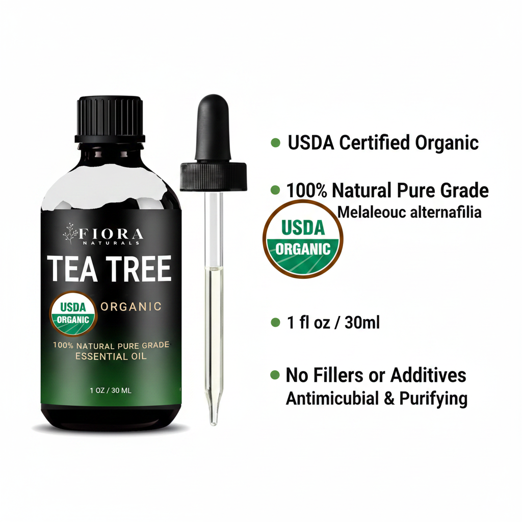 Fiora Naturals Tea Tree Essential Oil – Key Features Infographic