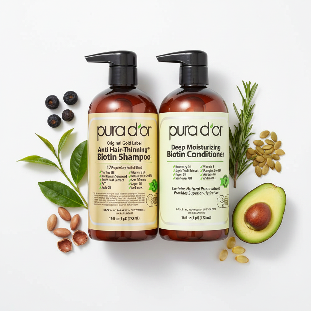 PURA D'OR Biotin Shampoo and Conditioner flat lay with natural ingredients