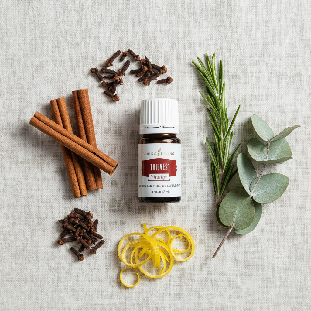 Thieves Vitality essential oil flat lay on white linen with cinnamon, clove, rosemary and eucalyptus