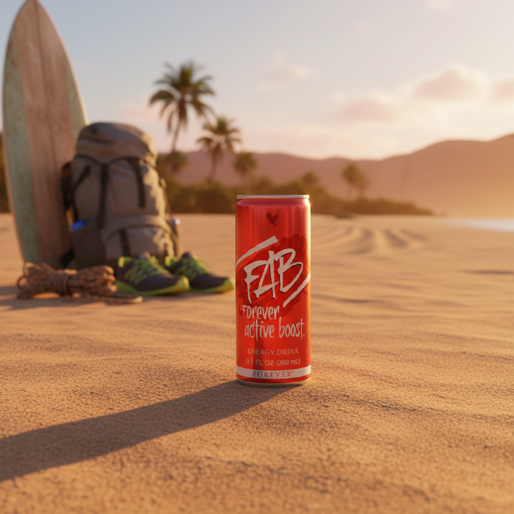 FAB Forever Active Boost can in outdoor adventure setting