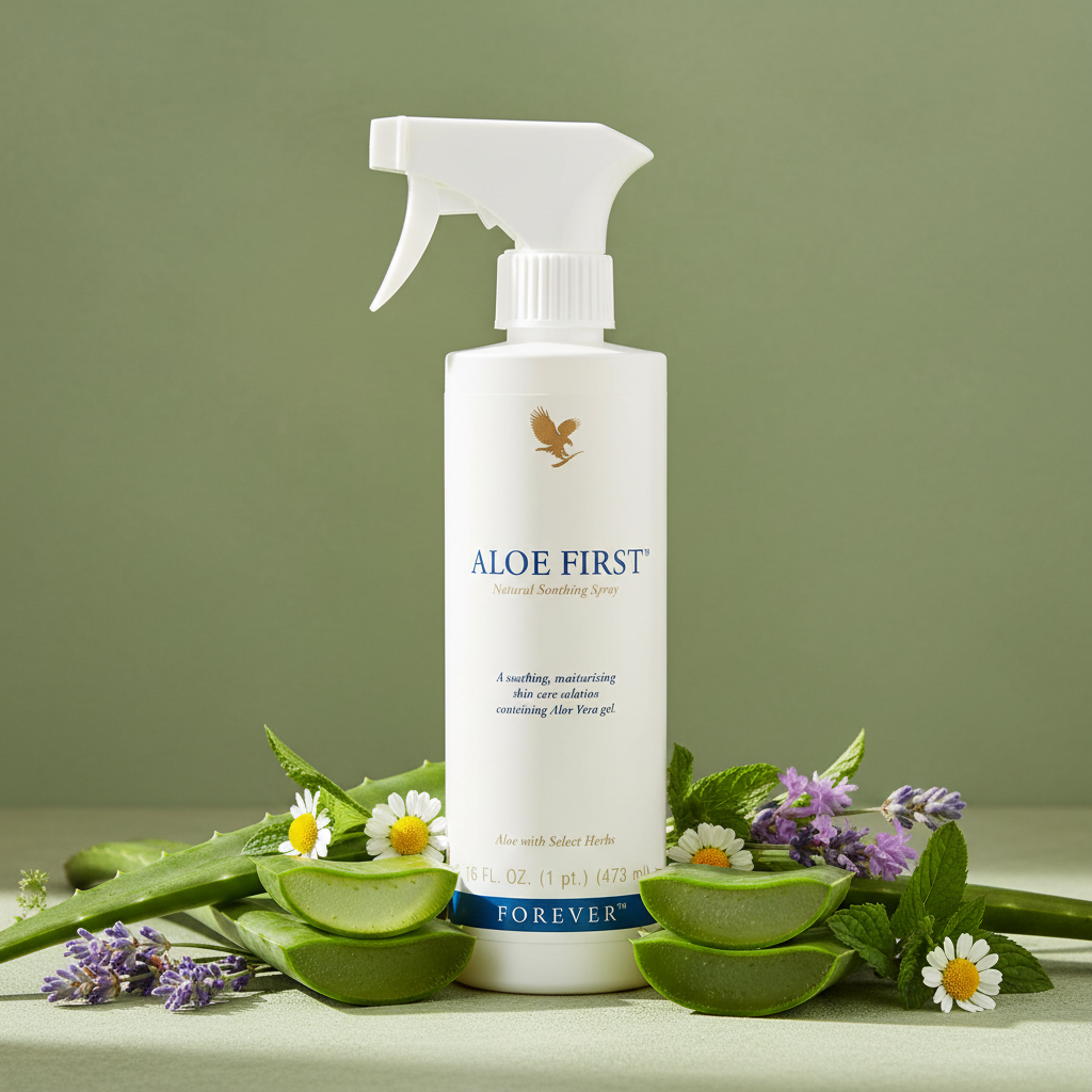 Forever Aloe First Spray on sage green botanical background