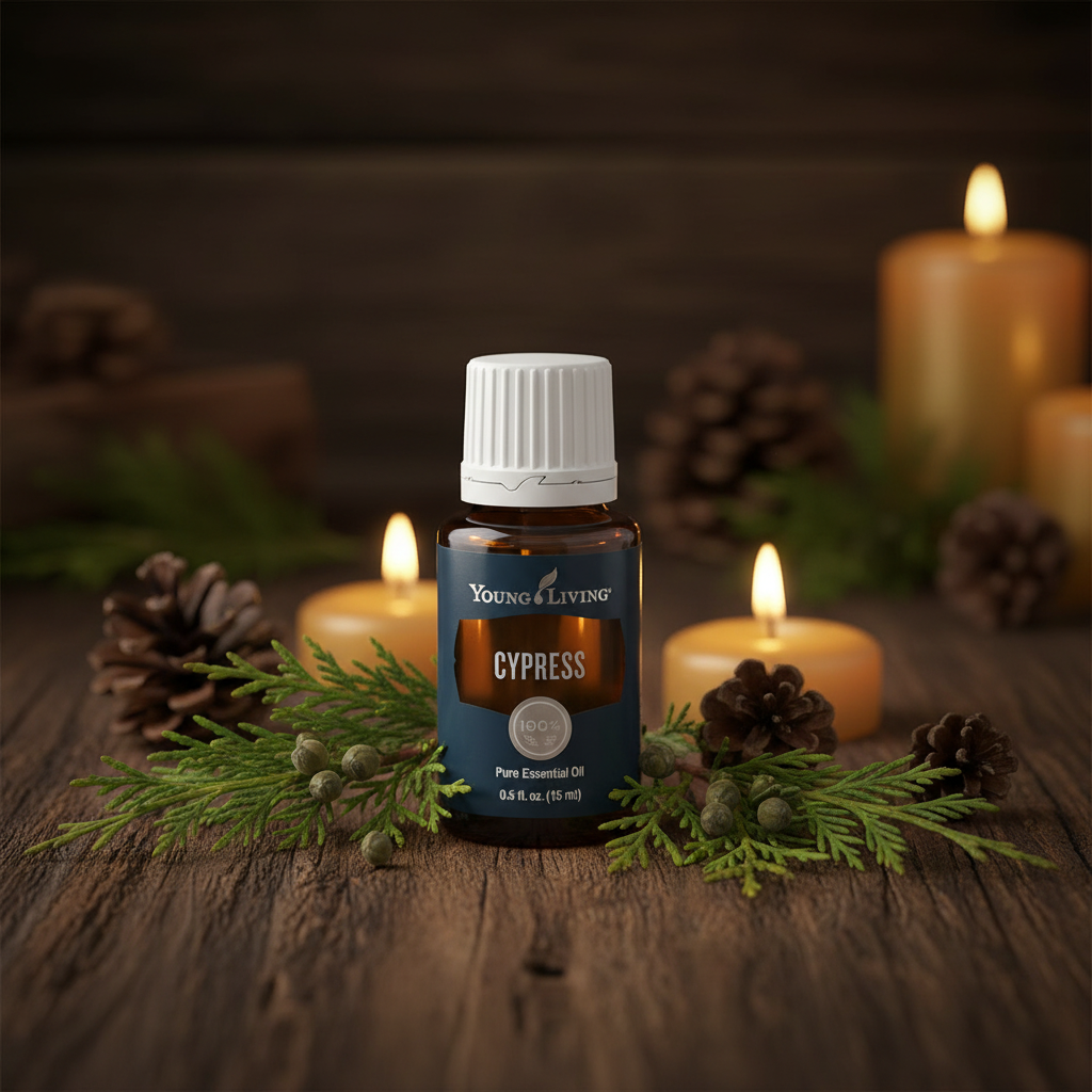 Cypress essential oil on rustic wood with cypress sprigs, pine cones and candlelight